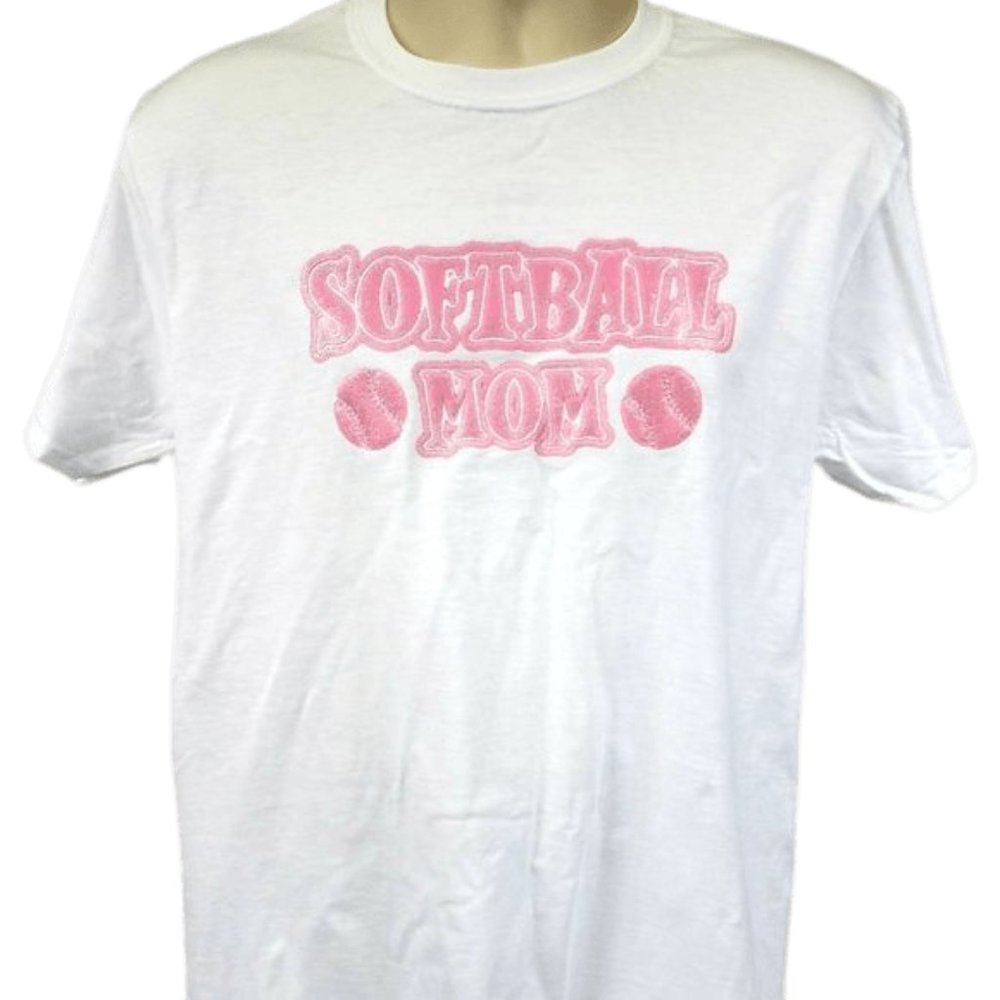 Softball Mom Pink Puff Glitter Lettering Graphic Shirt Sports Baseball Bat Mitt